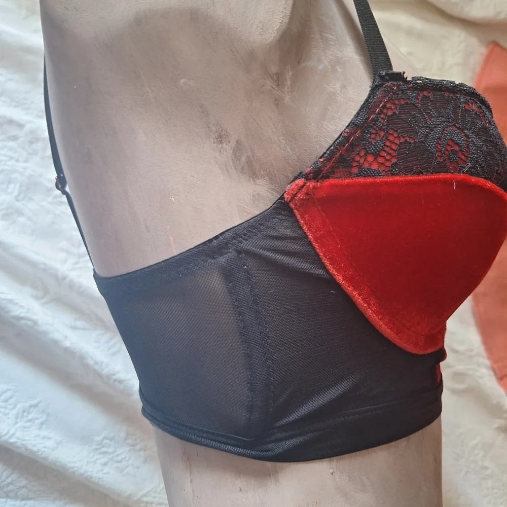 Elegant Red Velvet and Black Lace Bralette